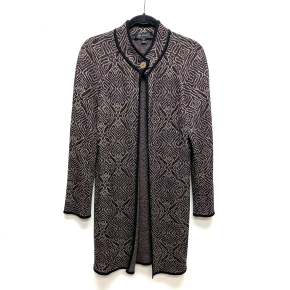 ST JOHN Black Brown Printed Long Sleeve Open Front Long Line Cardigan Jacket 10 - Picture 1 of 6